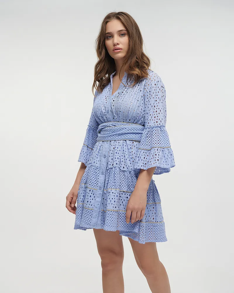 ΦΟΡΕΜΑ ΚΟΝΤΟ ΜΕ 3/4 ΜΑΝΙΚΙ ΓΑΛΑΖΙΟ ME ΧΡΥΣΕΣ ΛΕΠΤΟΜΕΡΕΙΕΣ ΚΑΙ ΖΩΝΗ ONE SIZE (100% COTTON)