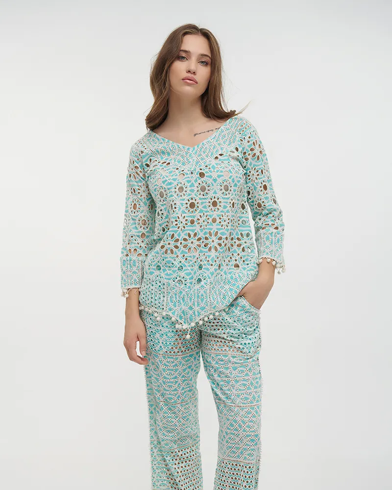 S/2 ΤΟΠ ΚΑΙ ΠΑΝΤΕΛΟΝΑ ΓΑΛΑΖΙΟ/ΛΕΥΚΟ ONE SIZE (100% COTTON)