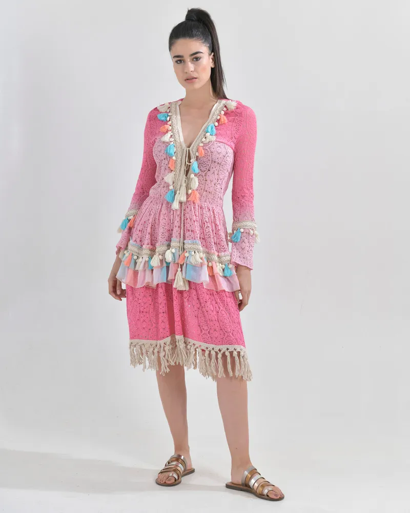 ΦΟΡΕΜΑ TIE DIE ΡΟΖ ΜΕ ΦΟΥΝΤΕΣ ΚΑΙ ΔΑΝΤΕΛΑ ONE SIZE (100% COTTON)