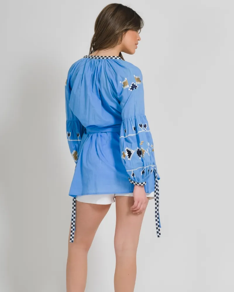 ΜΠΛΟΥΖΑ ΜΕ ΜΑΚΡΥ MANIKI ΜΠΛΕ ΜΕ ΧΡΥΣΑ/ΜΠΛΕ/ΛΕΥΚΑ ΣΧΕΔΙΑ ONE SIZE (100% COTTON)