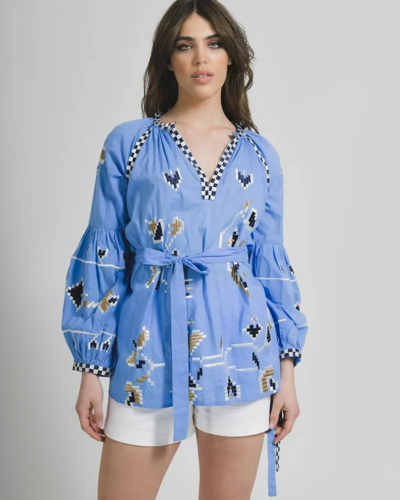 ΜΠΛΟΥΖΑ ΜΕ ΜΑΚΡΥ MANIKI ΜΠΛΕ ΜΕ ΧΡΥΣΑ/ΜΠΛΕ/ΛΕΥΚΑ ΣΧΕΔΙΑ ONE SIZE (100% COTTON)