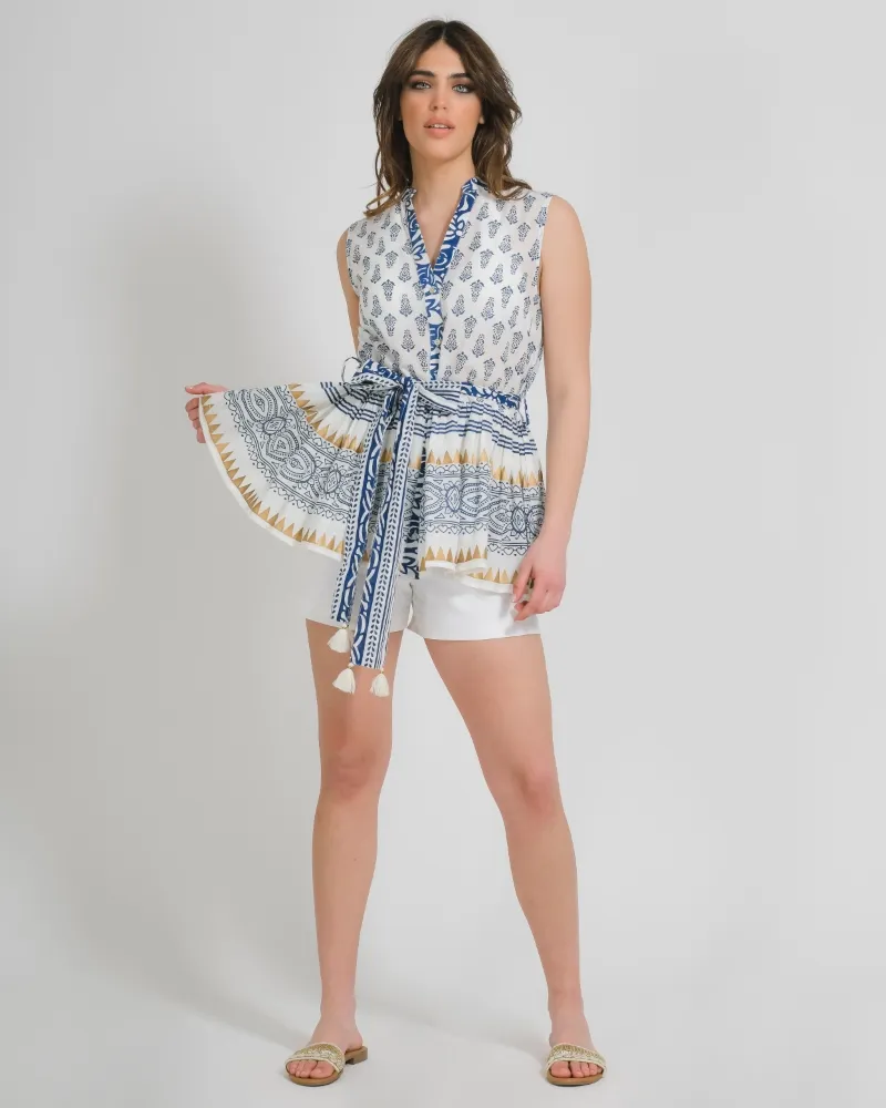 ΜΠΛΟΥΖΑ ΑΜΑΝΙΚΗ ΜΠΛΕ/ΛΕΥΚΟ ΜΕ ΣΧΕΔΙΑ ΜΕ ΖΩΝΑΚΙ ONE SIZE (100% COTTON)