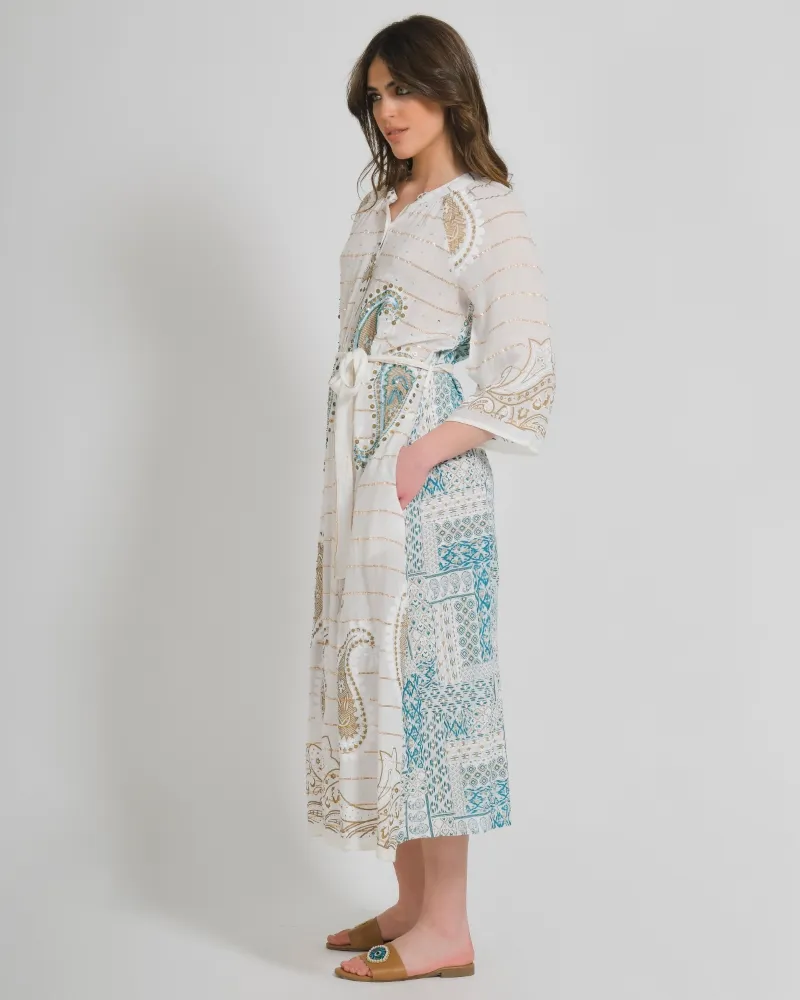 ΦΟΡΕΜΑ ΜΑΚΡΥ ΛΕΥΚΟ ΜΕ ΠΡΑΣΙΝΕΣ/ΧΡΥΣΕΣ ΛΕΠΤΟΜΕΡΕΙΕΣ ONE SIZE (100% COTTON)