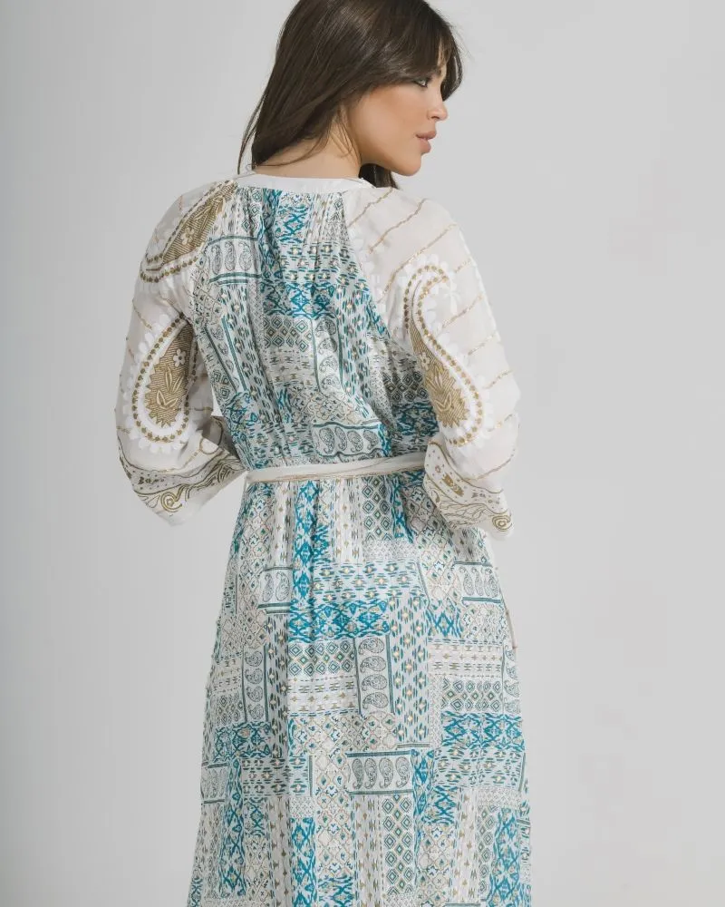 ΦΟΡΕΜΑ ΜΑΚΡΥ ΛΕΥΚΟ ΜΕ ΠΡΑΣΙΝΕΣ/ΧΡΥΣΕΣ ΛΕΠΤΟΜΕΡΕΙΕΣ ONE SIZE (100% COTTON)