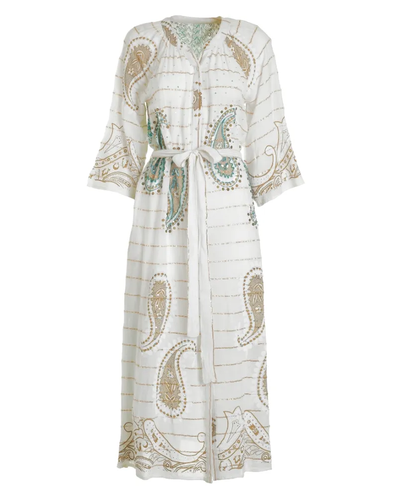 ΦΟΡΕΜΑ ΜΑΚΡΥ ΛΕΥΚΟ ΜΕ ΠΡΑΣΙΝΕΣ/ΧΡΥΣΕΣ ΛΕΠΤΟΜΕΡΕΙΕΣ ONE SIZE (100% COTTON)