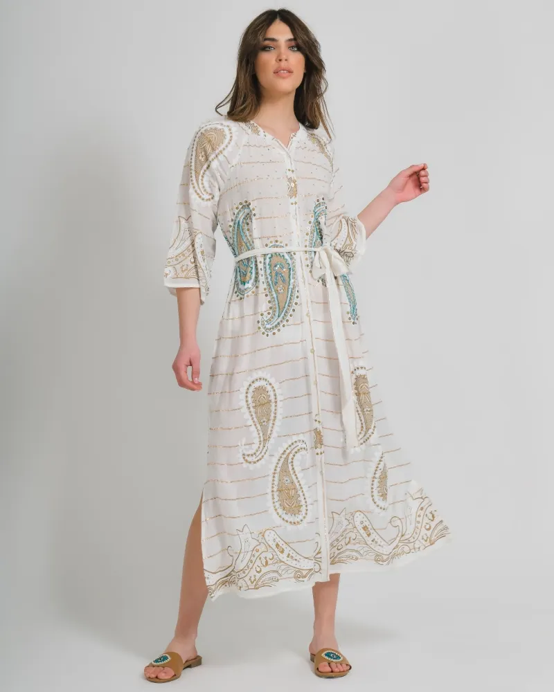 ΦΟΡΕΜΑ ΜΑΚΡΥ ΛΕΥΚΟ ΜΕ ΠΡΑΣΙΝΕΣ/ΧΡΥΣΕΣ ΛΕΠΤΟΜΕΡΕΙΕΣ ONE SIZE (100% COTTON)