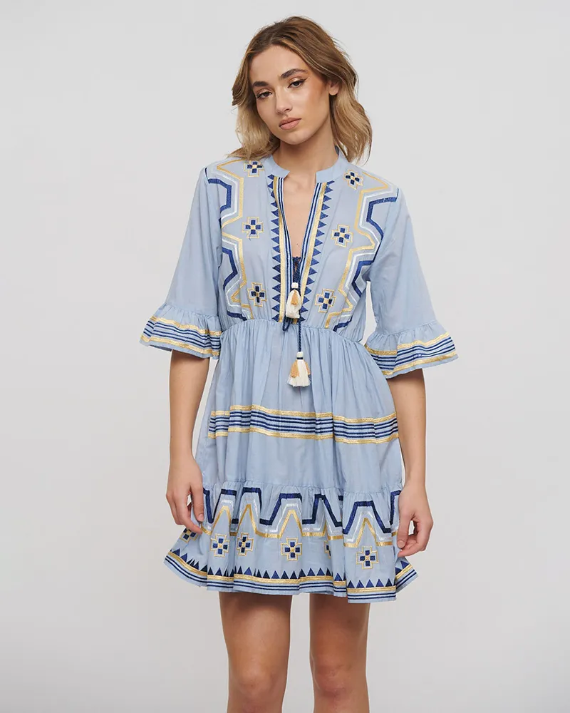 ΦΟΡΕΜΑ ΚΟΝΤΟ ΓΑΛΑΖΙΟ ΜΕ ΧΡΥΣΑ/ΜΠΛΕ ΚΕΝΤΗΜΑΤΑ ONE SIZE (100% COTTON)