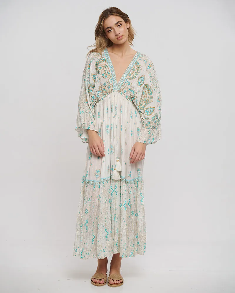 ΦΟΡΕΜΑ ΜΑΚΡΥ ΜΕ 3/4 ΜΑΝΙΚΙ ΕΚΡΟΥ ΜΕ ΧΡΥΣΕΣ/ΜΠΛΕ ΛΕΠΤΟΜΕΡΕΙΕΣ ONE SIZE (100% RAYON)