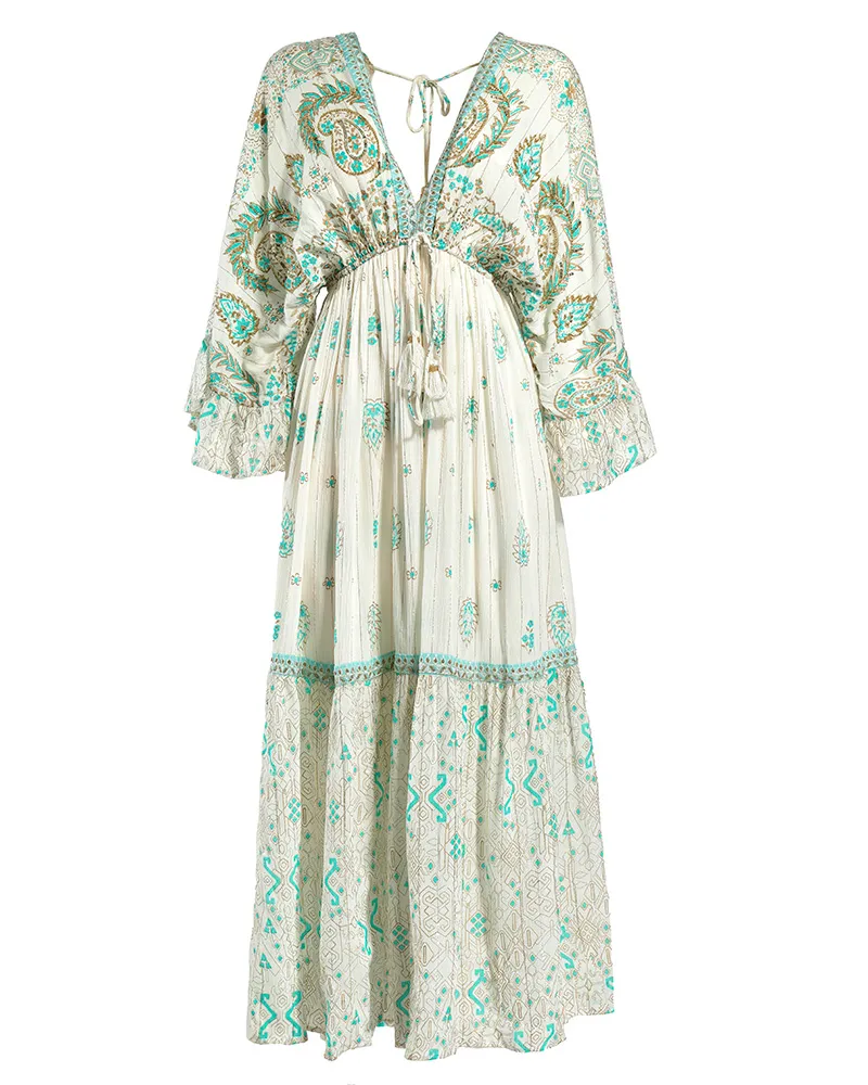 ΦΟΡΕΜΑ ΜΑΚΡΥ ΜΕ 3/4 ΜΑΝΙΚΙ ΕΚΡΟΥ ΜΕ ΧΡΥΣΕΣ/ΜΠΛΕ ΛΕΠΤΟΜΕΡΕΙΕΣ ONE SIZE (100% RAYON)