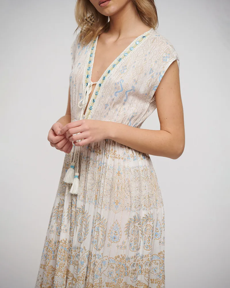 ΦΟΡΕΜΑ ΜΑΚΡΥ ΚΟΝΤΟΜΑΝΙΚΟ ΕΚΡΟΥ ΜΕ ΧΡΥΣΕΣ/ΜΠΛΕ ΛΕΠΤΟΜΕΡΕΙΕΣ ONE SIZE (100% RAYON)