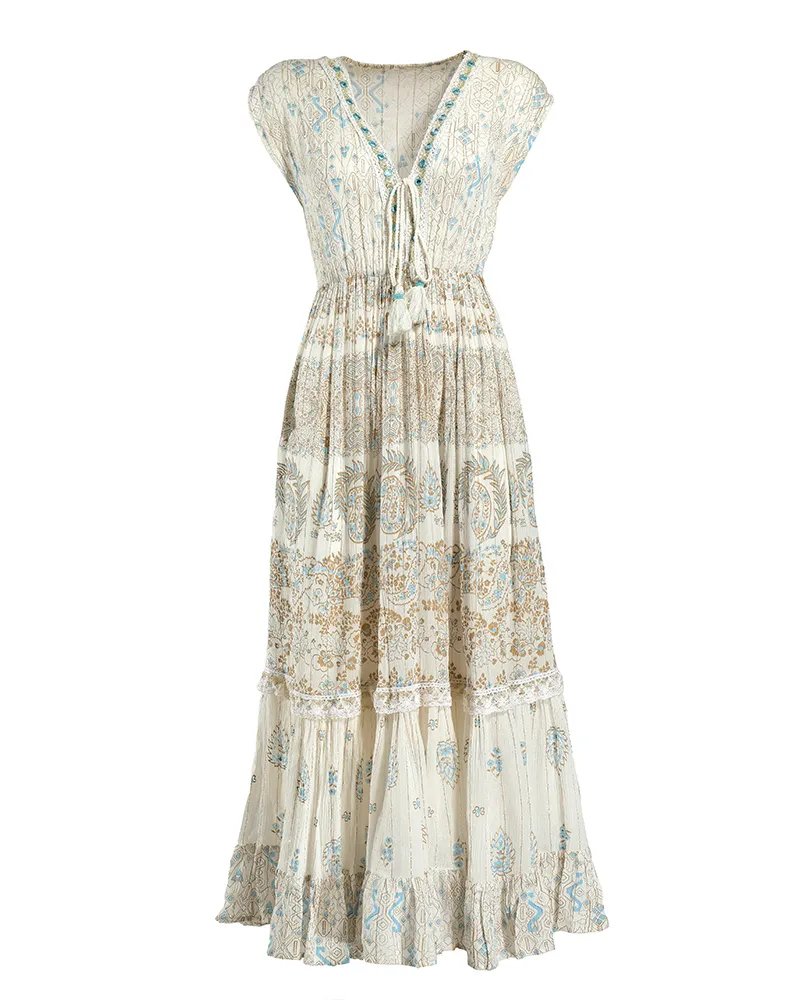 ΦΟΡΕΜΑ ΜΑΚΡΥ ΚΟΝΤΟΜΑΝΙΚΟ ΕΚΡΟΥ ΜΕ ΧΡΥΣΕΣ/ΜΠΛΕ ΛΕΠΤΟΜΕΡΕΙΕΣ ONE SIZE (100% RAYON)