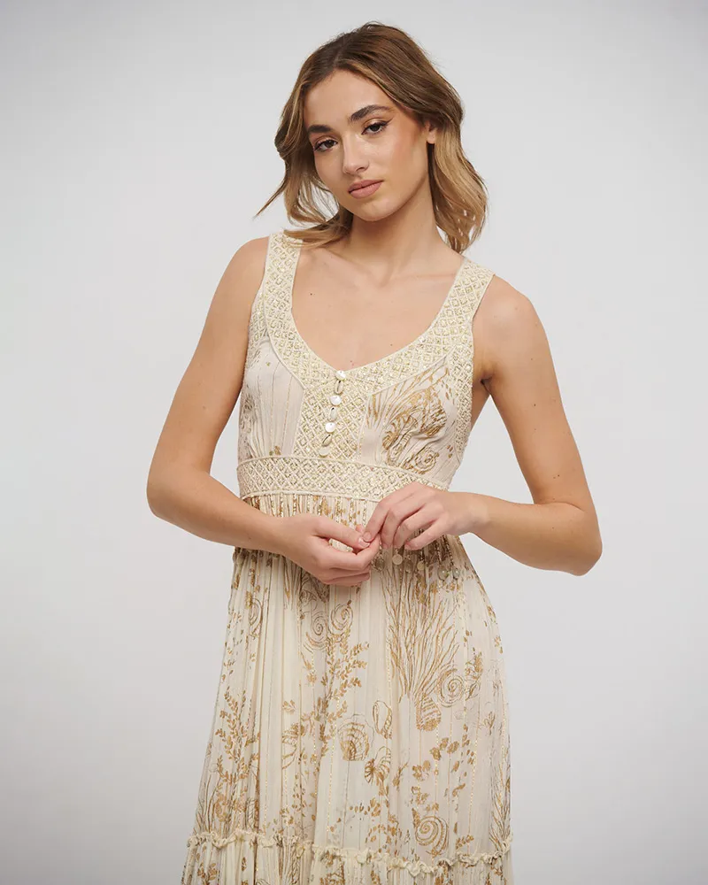 ΦΟΡΕΜΑ ΜΑΚΡΥ ΑΜΑΝΙΚΟ ΕΚΡΟΥ ΜΕ ΧΡΥΣΕΣ ΛΕΠΤΟΜΕΡΕΙΕΣ ΚΑΙ ΚΟΧΥΛΙΑ ONE SIZE (100% RAYON)