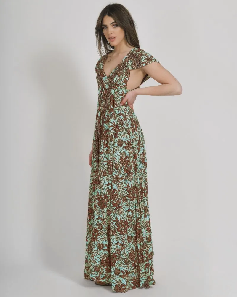 ΦΟΡΕΜΑ ΜΑΚΡΥ ME KONTO MANIKI ΣΕ ΚΑΦΕ/ΠΡΑΣΙΝΟ ΧΡΩΜΑ ΜΕ ΛΟΥΛΟΥΔΙΑ ONE SIZE (100% COTTON)