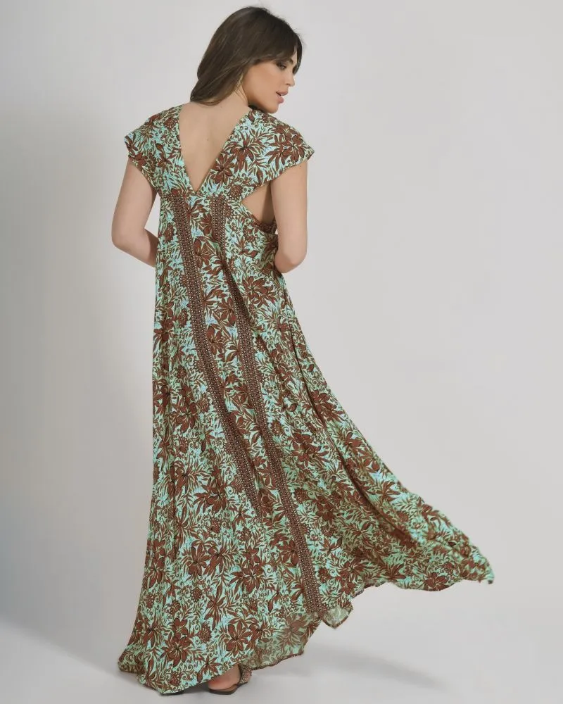 ΦΟΡΕΜΑ ΜΑΚΡΥ ME KONTO MANIKI ΣΕ ΚΑΦΕ/ΠΡΑΣΙΝΟ ΧΡΩΜΑ ΜΕ ΛΟΥΛΟΥΔΙΑ ONE SIZE (100% COTTON)