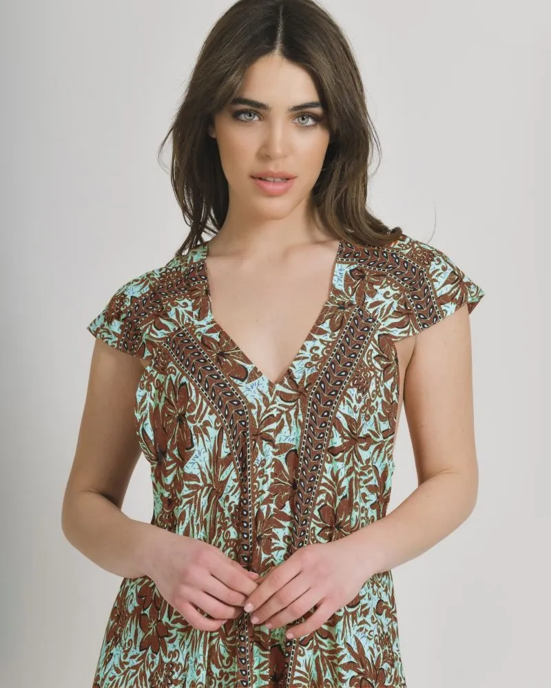 ΦΟΡΕΜΑ ΜΑΚΡΥ ME KONTO MANIKI ΣΕ ΚΑΦΕ/ΠΡΑΣΙΝΟ ΧΡΩΜΑ ΜΕ ΛΟΥΛΟΥΔΙΑ ONE SIZE (100% COTTON)