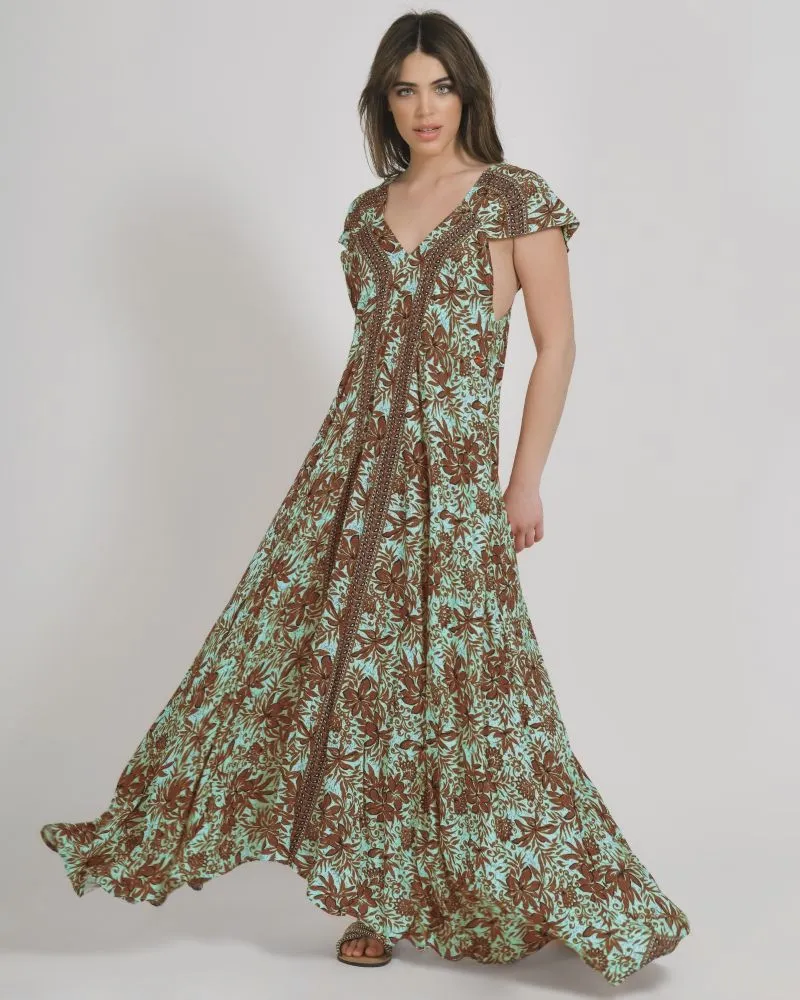 ΦΟΡΕΜΑ ΜΑΚΡΥ ME KONTO MANIKI ΣΕ ΚΑΦΕ/ΠΡΑΣΙΝΟ ΧΡΩΜΑ ΜΕ ΛΟΥΛΟΥΔΙΑ ONE SIZE (100% COTTON)