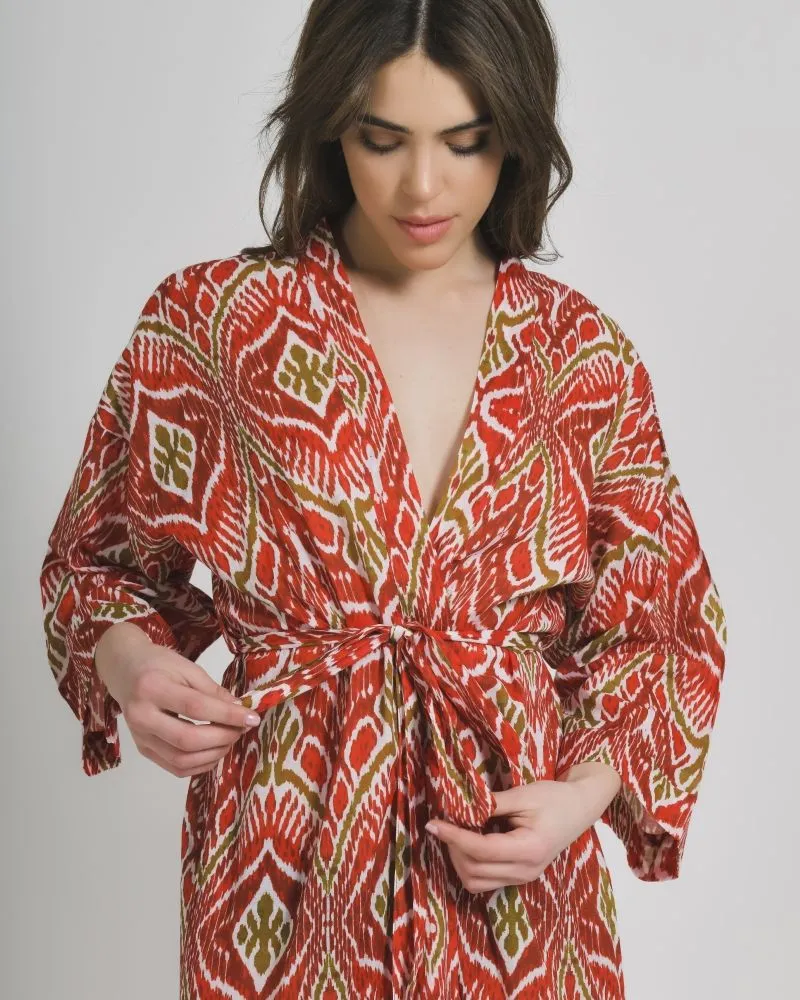 ΚΙΜΟΝΟ ΚΟΝΤΟ ΜΕ ΖΩΝΑΚΙ ΣΕ ΚΟΚΚΙΝΟ/ΜΠΕΖ ΧΡΩΜΑ ONE SIZE (100% COTTON)