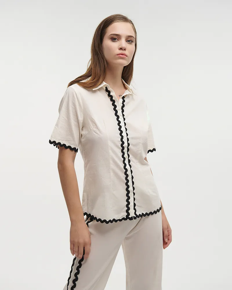 S/2 ΠΟΥΚΑΜΙΣΟ ΚΑΙ ΠΑΝΤΕΛΟΝΑ ΕΚΡΟΥ ΜΕ ΜΑΥΡΕΣ ΚΕΝΤΗΤΕΣ ΛΕΠΤΟΜΕΡΕΙΕΣ S/M (100% COTTON)