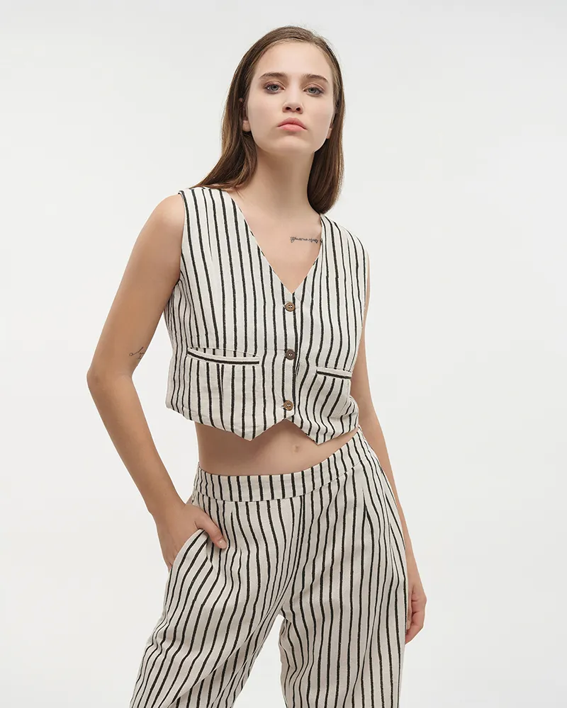 ΓΙΛΕΚΟ ΣΕ ΕΚΡΟΥ ΧΡΩΜΑ ΜΕ ΜΑΥΡΕΣ ΡΙΓΕΣ S/M (100% COTTON FLEX LINEN)