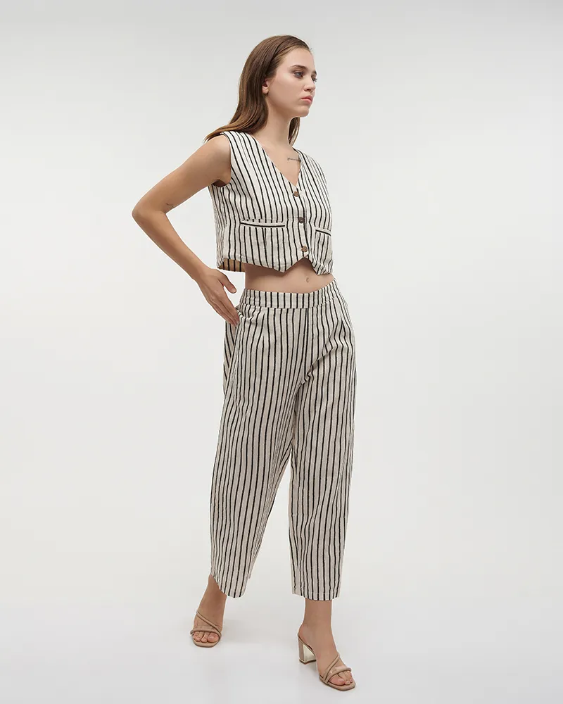 ΓΙΛΕΚΟ ΣΕ ΕΚΡΟΥ ΧΡΩΜΑ ΜΕ ΜΑΥΡΕΣ ΡΙΓΕΣ S/M (100% COTTON FLEX LINEN)