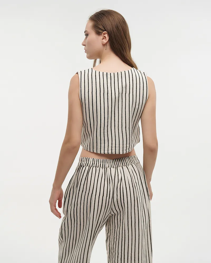 ΓΙΛΕΚΟ ΣΕ ΕΚΡΟΥ ΧΡΩΜΑ ΜΕ ΜΑΥΡΕΣ ΡΙΓΕΣ L/XL (100%COTTON FLEX LINEN)