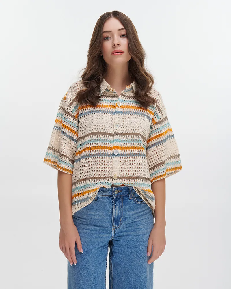 ΠΟΥΚΑΜΙΣΟ ΕΚΡΟΥ ΜΕ ΠΟΛΥΧΡΩΜΕΣ ΡΙΓΕΣ L/XL (100% COTTON ΝΕΤ)