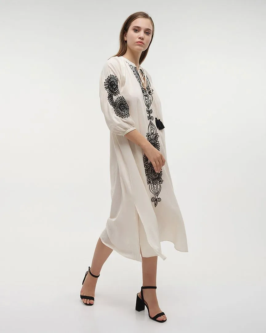 ΦΟΡΕΜΑ/ΚΑΦΤΑΝΙ ΜΑΚΡΥ ΕΚΡΟΥ ΜΕ ΜΑΥΡΕΣ ΚΕΝΤΗΤΕΣ ΛΕΠΤΟΜΕΡΕΙΕΣ M/L (100% COTTON)