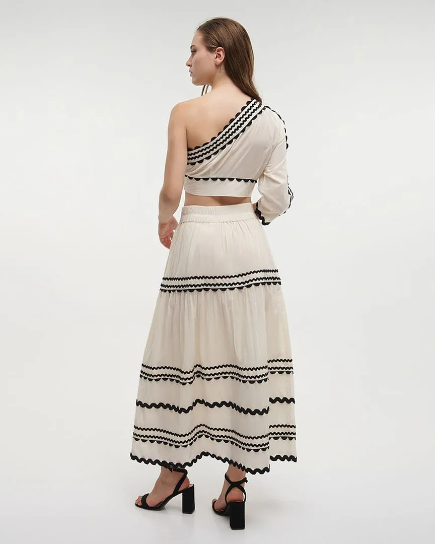 S/2 ΤΟΠ ΜΕ 1 ΩΜΟ ΚΑΙ ΦΟΥΣΤΑ ΕΚΡΟΥ ΜΕ ΜΑΥΡΕΣ ΚΕΝΤΗΤΕΣ ΛΕΠΤΟΜΕΡΕΙΕΣ M/L (100% COTTON)