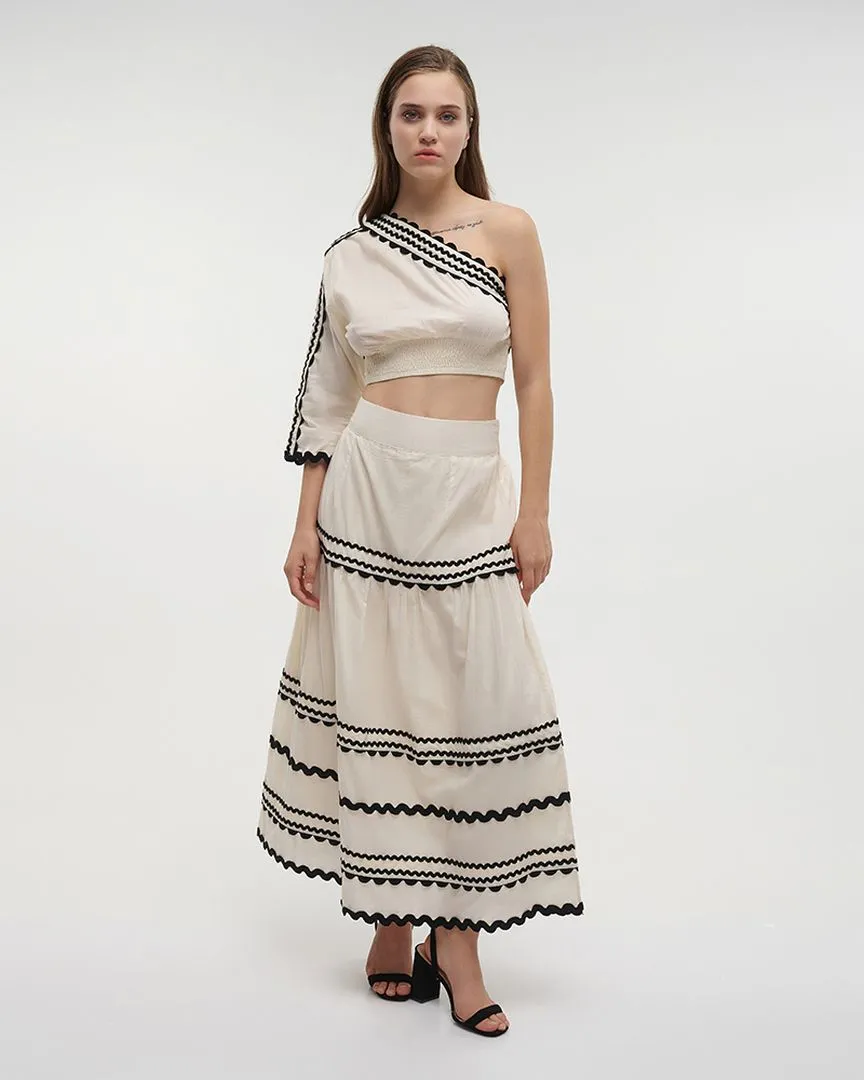 S/2 ΤΟΠ ΜΕ 1 ΩΜΟ ΚΑΙ ΦΟΥΣΤΑ ΕΚΡΟΥ ΜΕ ΜΑΥΡΕΣ ΚΕΝΤΗΤΕΣ ΛΕΠΤΟΜΕΡΕΙΕΣ M/L (100% COTTON)