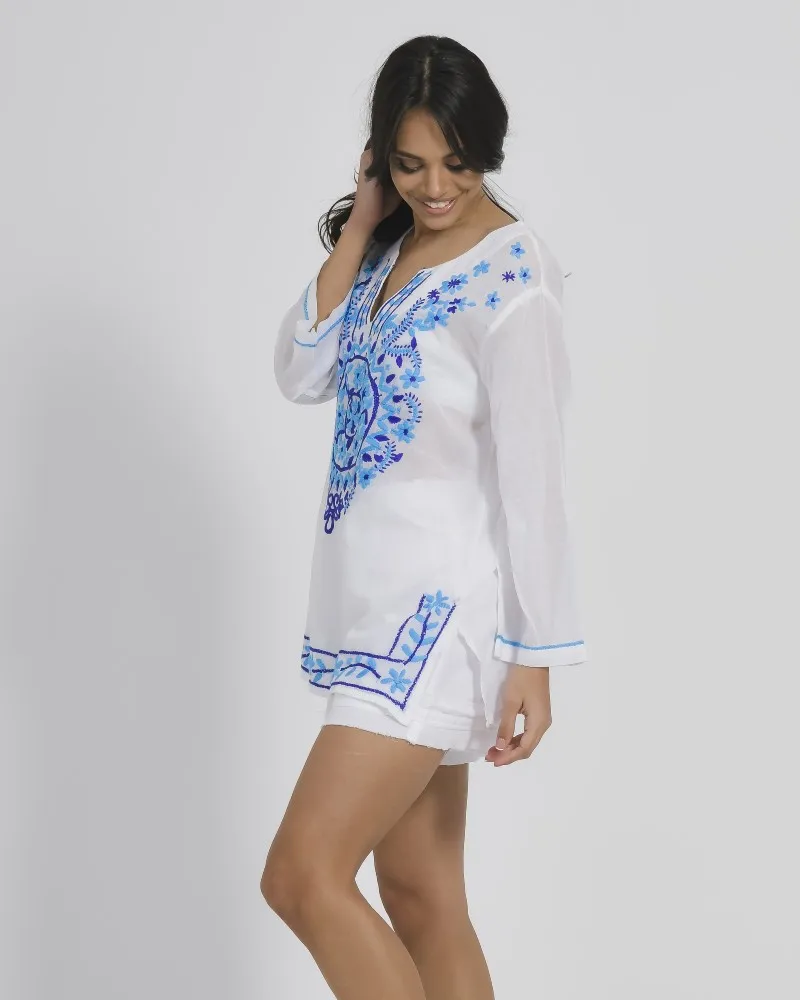 ΚΑΦΤΑΝΙ/TUNIC ΛΕΥΚΟ ΜΕ ΑΝΑΓΛΥΦΑ ΜΠΛΕ ΣΧΕΔΙΑ ONE SIZE (100 % COTTON)