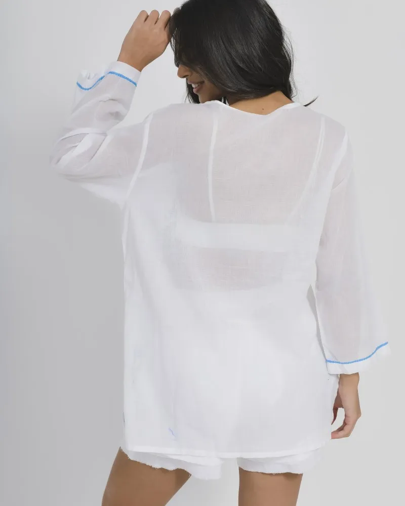 ΚΑΦΤΑΝΙ/TUNIC ΛΕΥΚΟ ΜΕ ΑΝΑΓΛΥΦΑ ΜΠΛΕ ΣΧΕΔΙΑ ONE SIZE (100 % COTTON)