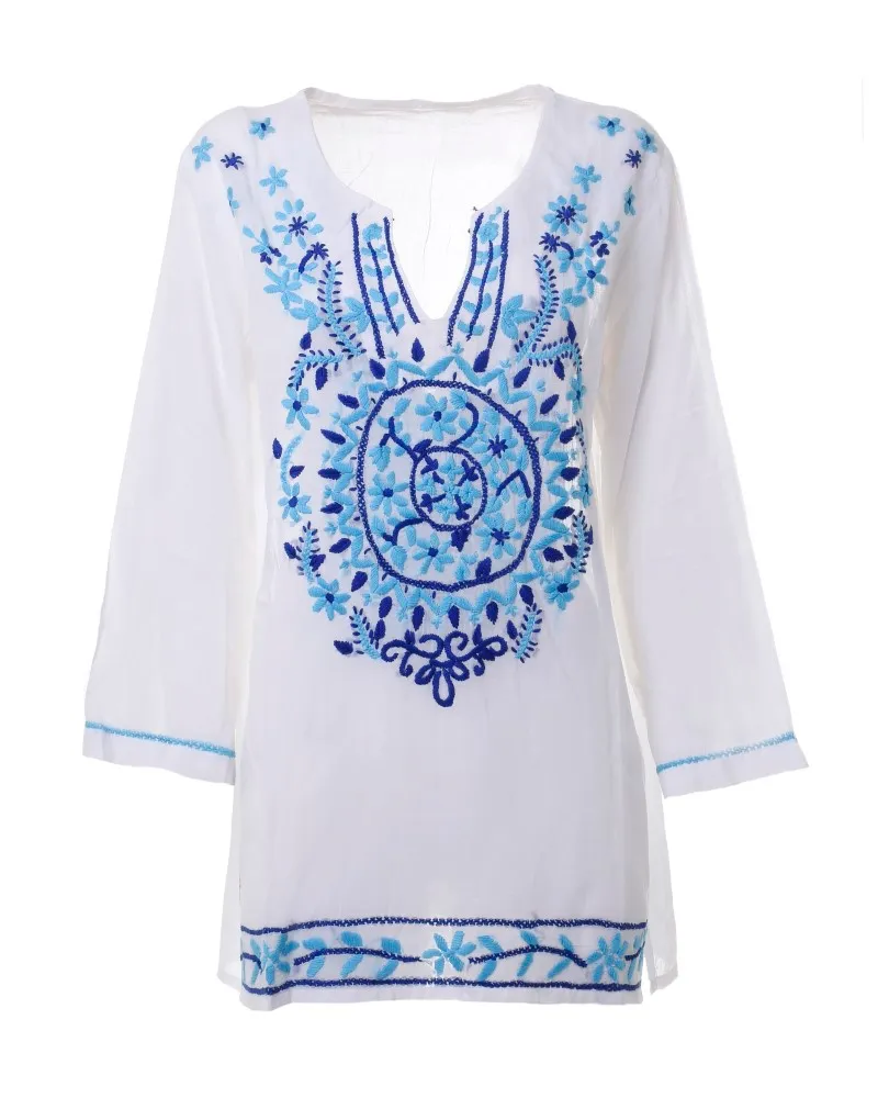 ΚΑΦΤΑΝΙ/TUNIC ΛΕΥΚΟ ΜΕ ΑΝΑΓΛΥΦΑ ΜΠΛΕ ΣΧΕΔΙΑ ONE SIZE (100 % COTTON)