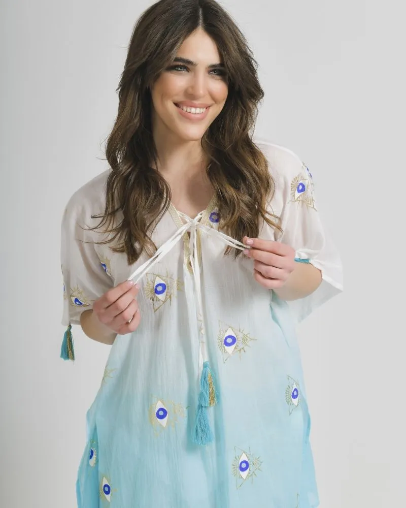 ΚΑΦΤΑΝΙ ΣΕ ΛΕΥΚΟ/ΤΥΡΚΟΥΑΖ ΧΡΩΜΑ ΟΜΠΡΕ ΜΕ ΜΑΤΙΑ ONE SIZE (100% COTTON)