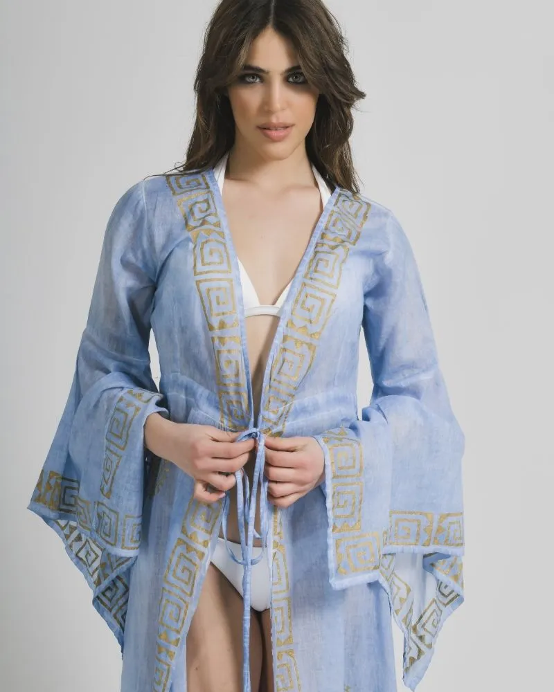 ΚΙΜΟΝΟ ΜΑΚΡΥ ΣΕ ΓΑΛΑΖΙΟ ΧΡΩΜΑ ΜΕ ΧΡΥΣΑ ΣΧΕΔΙΑ ONE SIZE (100% COTTON)