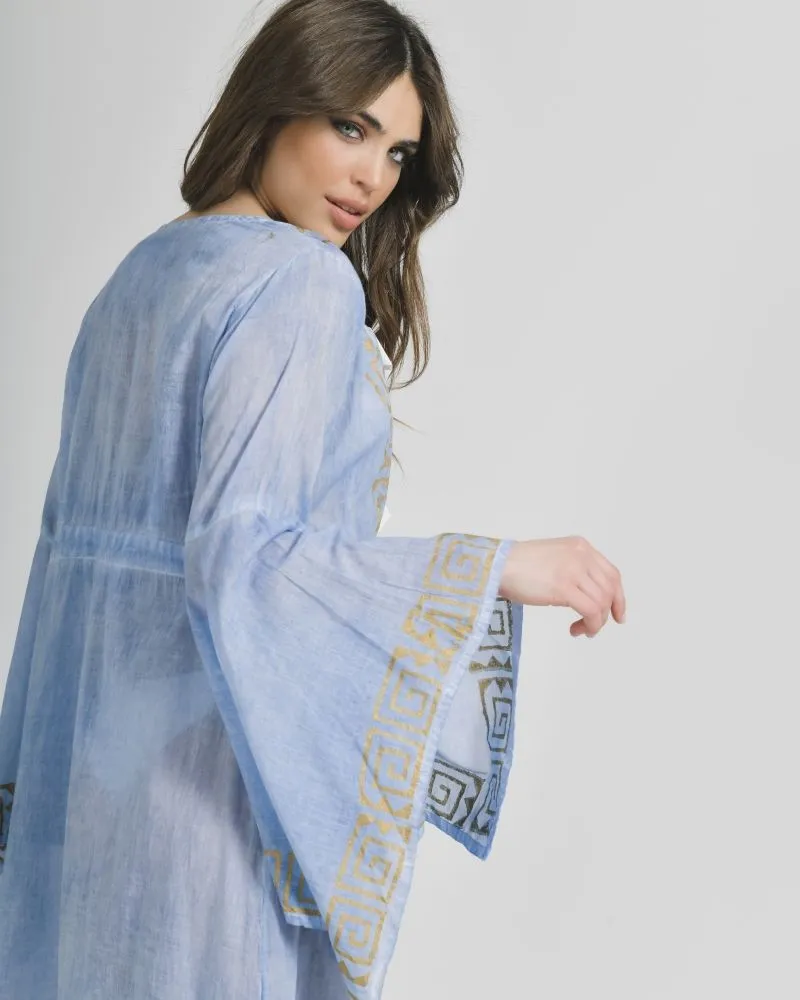 ΚΙΜΟΝΟ ΜΑΚΡΥ ΣΕ ΓΑΛΑΖΙΟ ΧΡΩΜΑ ΜΕ ΧΡΥΣΑ ΣΧΕΔΙΑ ONE SIZE (100% COTTON)