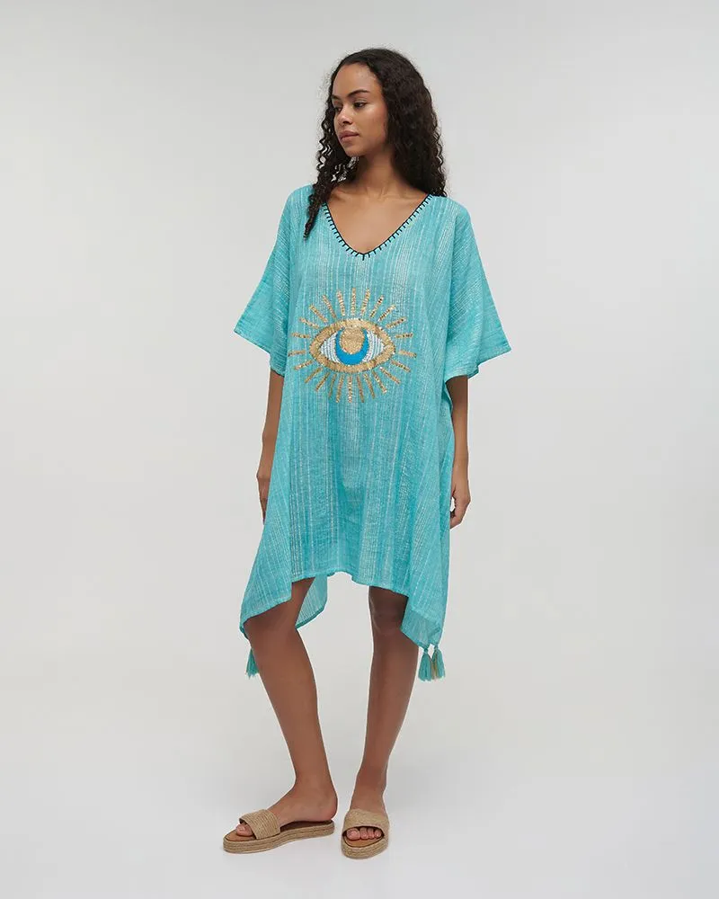 ΚΑΦΤΑΝΙ ΤΙΡΚΟΥΑΖ ΜΕ ΧΡΥΣΟ/ΜΠΛΕ ΜΑΤΙ ONE SIZE (100% COTTON)