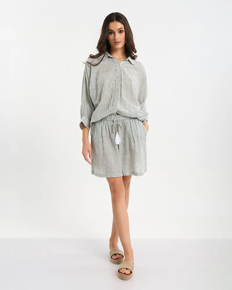 S/2 ΠΟΥΚΑΜΙΣΟ ΚΑΙ ΣΟΡΤΣΑΚΙ ΛΕΥΚΟ/ΓΚΡΙ ΜΕ ΡΙΓΕΣ ΚΑΙ ΚΕΝΤΗΜΑ ΣΤΗ ΠΛΑΤΗ ONE SIZE (100% COTTON)