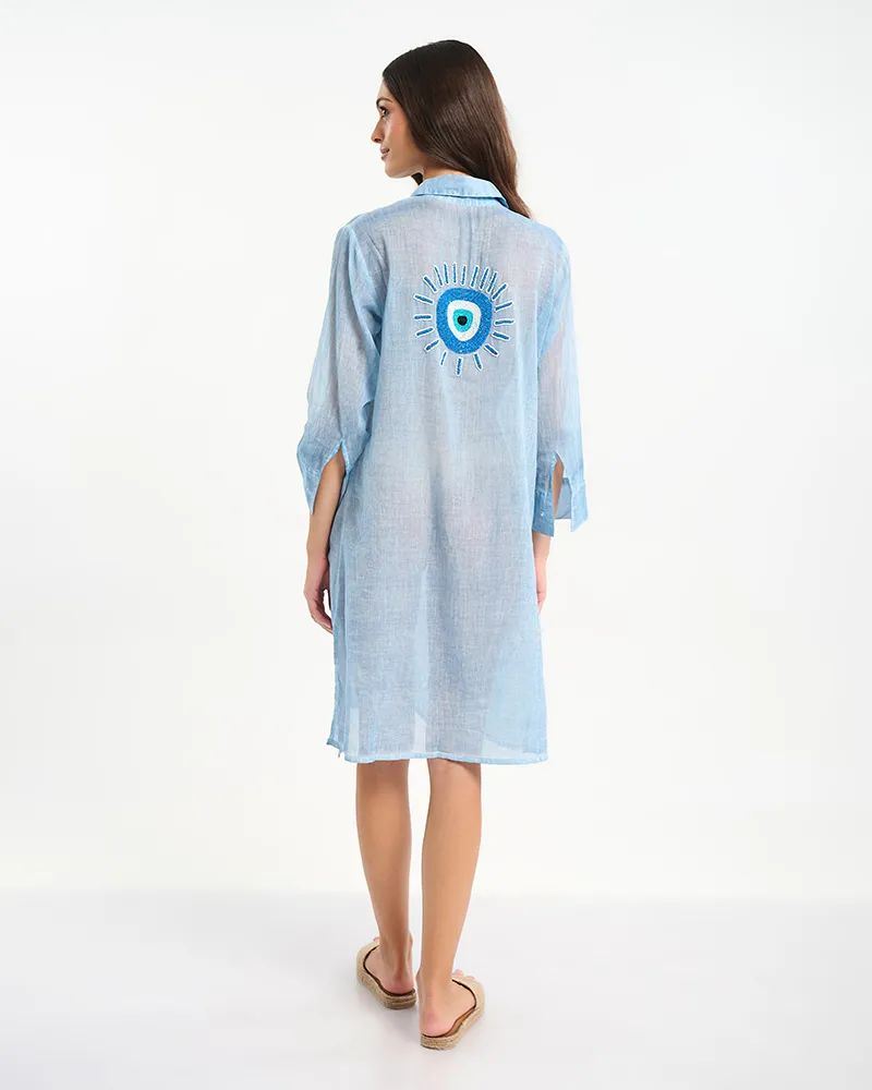 ΠΟΥΚΑΜΙΣΑ ΜΠΛΕ ΜΕ ΚΕΝΤΗΜΑ ''ΜΑΤΙ'' ΣΤΗ ΠΛΑΤΗ ONE SIZE (100% COTTON)