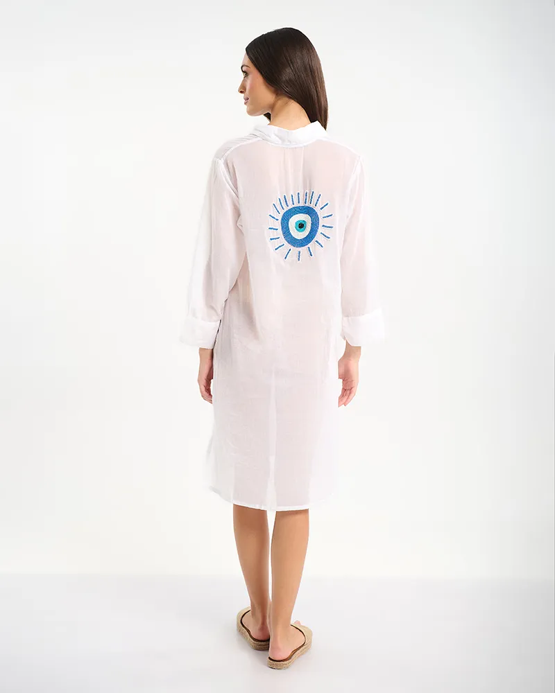 ΠΟΥΚΑΜΙΣΑ ΛΕΥΚΗ ΜΕ ΚΕΝΤΗΜΑ ''ΜΑΤΙ'' ΣΤΗ ΠΛΑΤΗ ONE SIZE (100% COTTON)