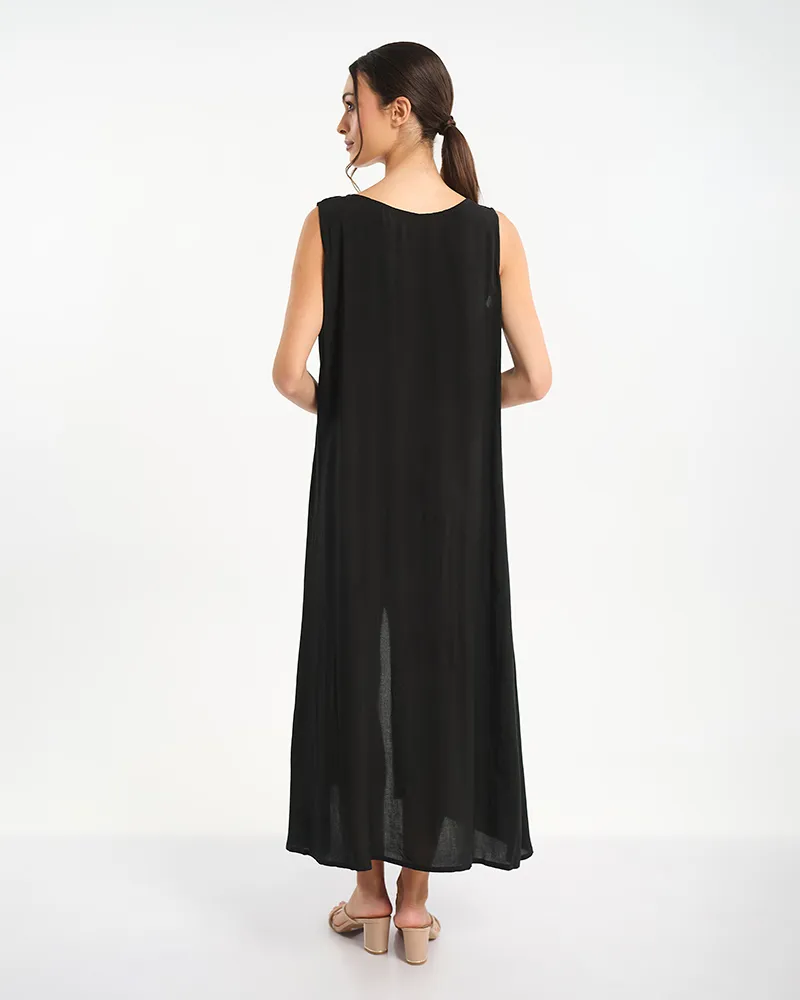 ΦΟΡΕΜΑ ΜΑΚΡΥ ΑΜΑΝΙΚΟ ΜΑΥΡΟ ΜΕ ΑΣΗΜΙ ΚΕΝΤΗΜΑΤΑ ONE SIZE (100% VISCOSE)