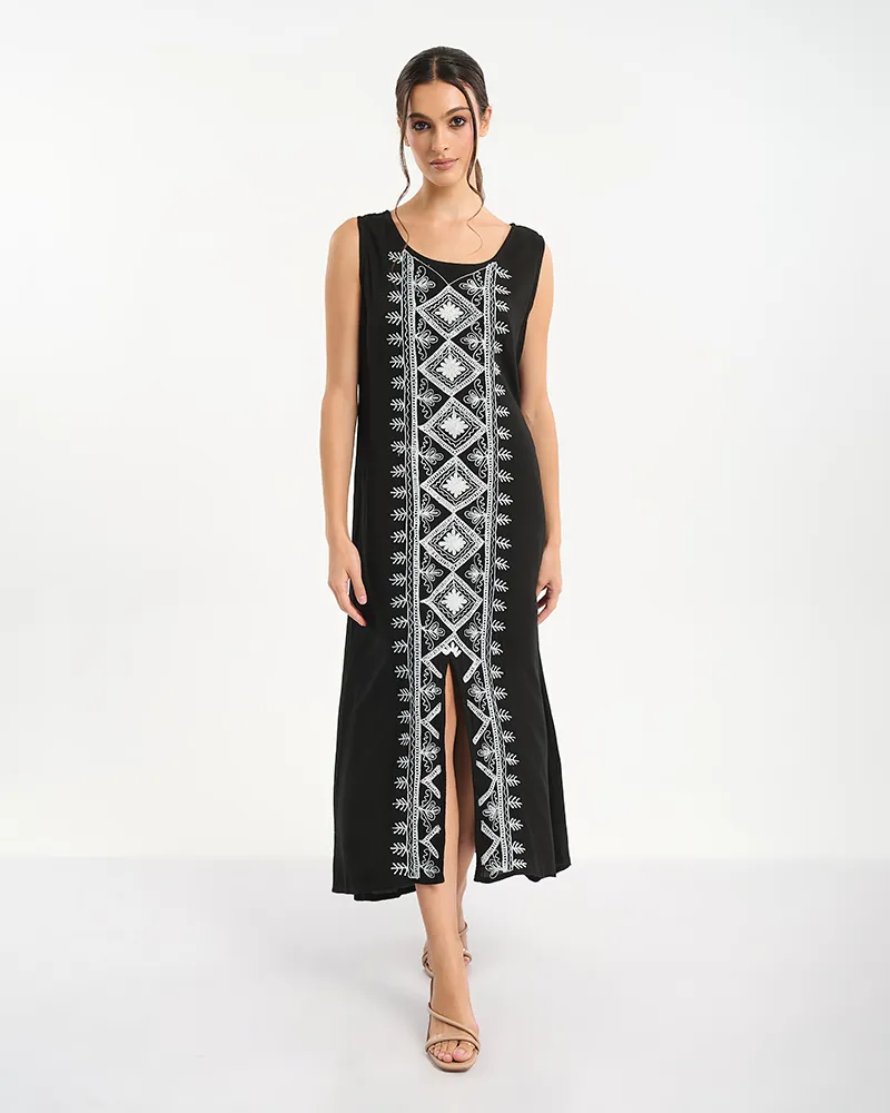 ΦΟΡΕΜΑ ΜΑΚΡΥ ΑΜΑΝΙΚΟ ΜΑΥΡΟ ΜΕ ΑΣΗΜΙ ΚΕΝΤΗΜΑΤΑ ONE SIZE (100% VISCOSE)