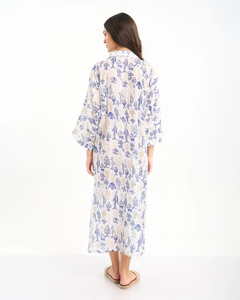 ΜΑΚΡΙΑ ΠΟΥΚΑΜΙΣΑ ΣΕ ΛΕΥΚΟ ΧΡΩΜΑ ΜΕ ΜΠΛΕ/ΧΡΥΣΑ ΨΑΡΙΑ ONE SIZE (100% COTTON)