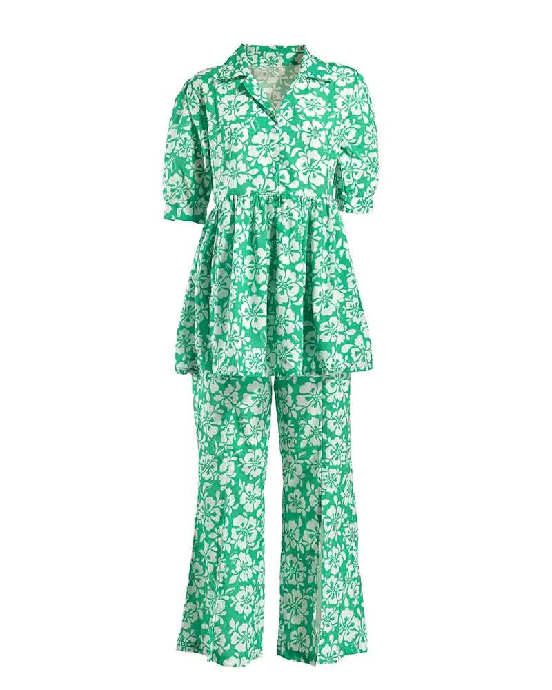 S/2 ΠΟΥΚΑΜΙΣΑ ΚΑΙ ΠΑΝΤΕΛΟΝΑ ΠΡΑΣΙΝΟ/ΛΕΥΚΟ ΜΕ ΛΟΥΛΟΥΔΙΑ ONE SIZE ( POLYCOTTON)