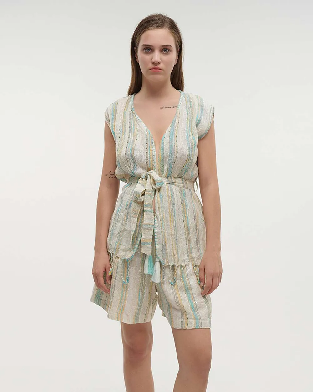 ΓΙΛΕΚΟ ΑΜΑΝΙΚΟ ΕΚΡΟΥ/ΤΥΡΚΟΥΑΖ ΜΕ LUREX ONE SIZE (95%VISCOSE 5%LUREX)