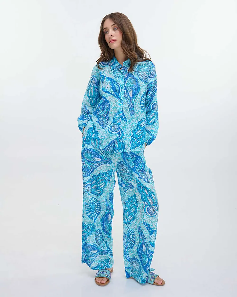 S/2 ΠΟΥΚΑΜΙΣΟ ΚΑΙ ΠΑΝΤΕΛΟΝΑ ΜΠΛΕ/ΤΥΡΚΟΥΑΖ ΜΕ ΚΟΧΥΛΙΑ ONE SIZE (100%COTTON)