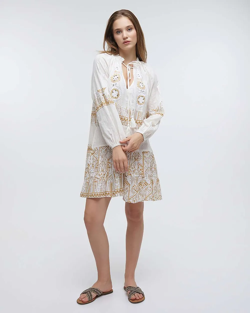 ΦΟΡΕΜΑ ΚΟΝΤΟ ΜΕ ΜΑΚΡΙΑ ΜΑΝΙΝΙΚΙΑ ΛΕΥΚΟ/ΧΡΥΣΟ ΜΕ ΧΑΝΤΡΕΣ ONE SIZE (100%COTTON)