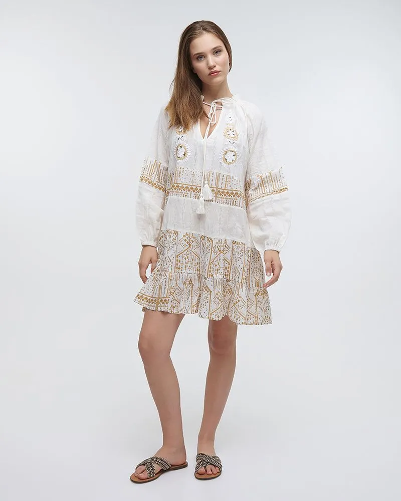 ΦΟΡΕΜΑ ΚΟΝΤΟ ΜΕ ΜΑΚΡΙΑ ΜΑΝΙΝΙΚΙΑ ΛΕΥΚΟ/ΧΡΥΣΟ ΜΕ ΧΑΝΤΡΕΣ ONE SIZE (100%COTTON)