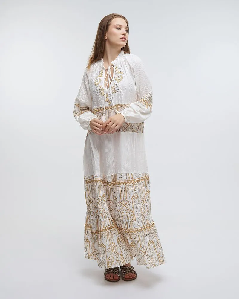 ΦΟΡΕΜΑ ΜΑΚΡΥ ΜΕ ΜΑΚΡΙΑ ΜΑΝΙΝΙΚΙΑ ΛΕΥΚΟ/ΧΡΥΣΟ ΜΕ ΧΑΝΤΡΕΣ ONE SIZE (100%COTTON)