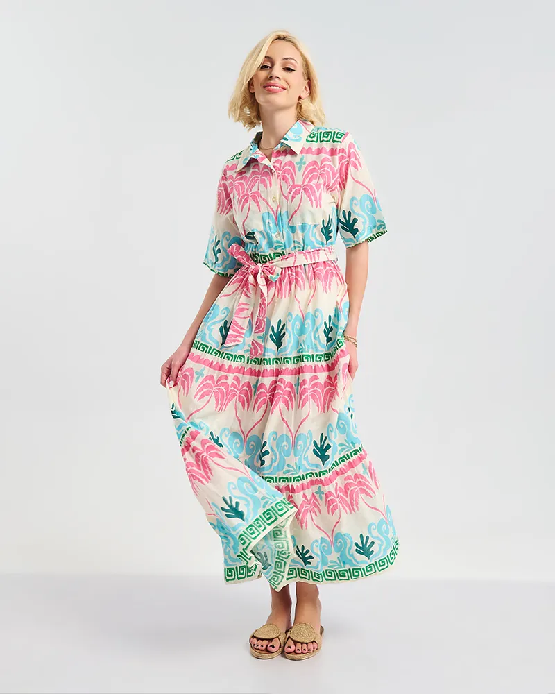 ΦΟΡΕΜΑ ΜΑΚΡΥ ME 3/4 MANIKI ΣΕ ΛΕΥΚΌ ΜΕ ΠΟΛΥΧΡΩΜΕΣ ΛΕΠΤΟΜΕΡΕΙΕΣ ONE SIZE ( 100% COTTON)