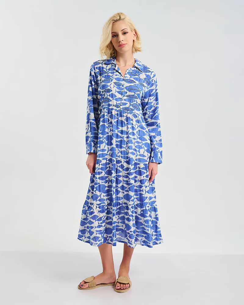 ΦΟΡΕΜΑ ΜΑΚΡΥ ΜΕ ΓΙΑΚΑ ΚΑΙ ΜΑΚΡΥ ΜΑΝΙΚΙ ΜΠΛΕ/ΛΕΥΚΌ ΜΕ ΣΧΕΔΙΑ ONE SIZE ( 100% COTTON)